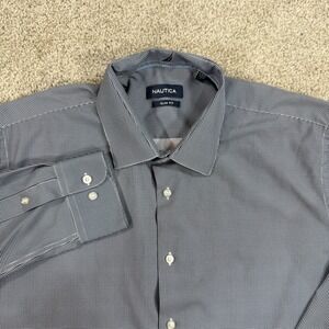 Nautica Slim Fit Stretch Button Down Shirt L Micro Check Blue White Casual Dress